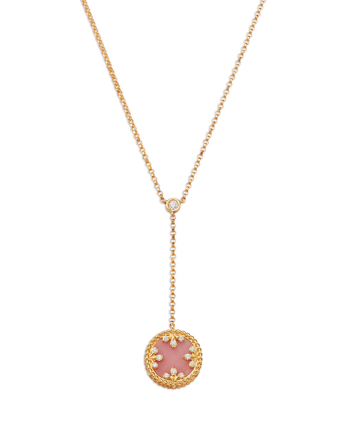 18K Yellow Gold Diamond, Pink Opal & Mother of Pearl Venetian Princess Medallion Reversible Lariat Necklace, 16"