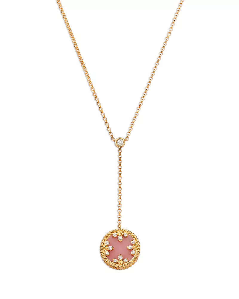 Roberto Coin 18K Yellow Gold Diamond, Pink Opal & Mother of Pearl Venetian Princess Medallion Reversible Lariat Necklace, 16
