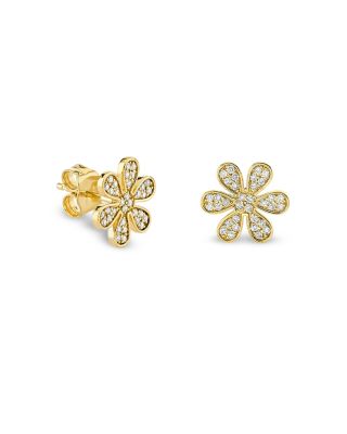 14K Yellow Gold Diamond Flower Stud Earrings