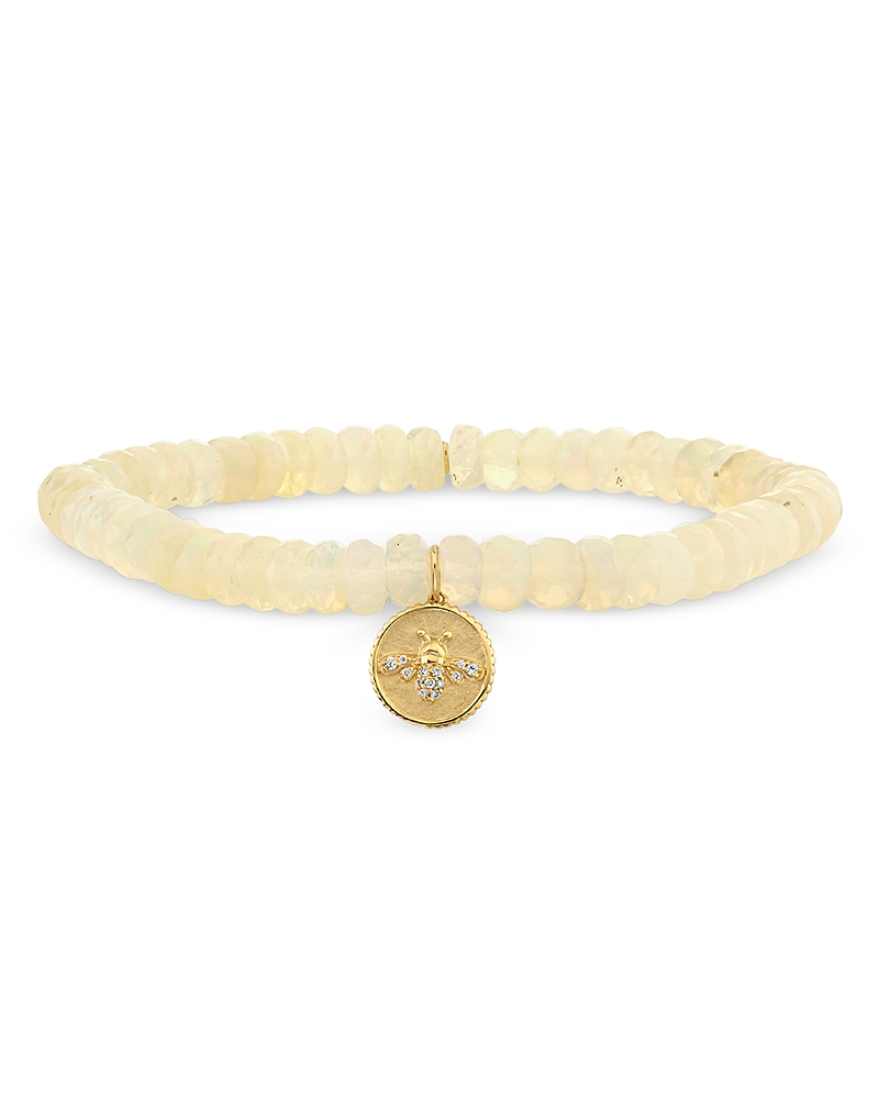 Sydney Evan 14k Yellow Gold Ethiopian Opal Rondelle & Diamond Bee Coin Charm Stretch Bracelet In White/gold