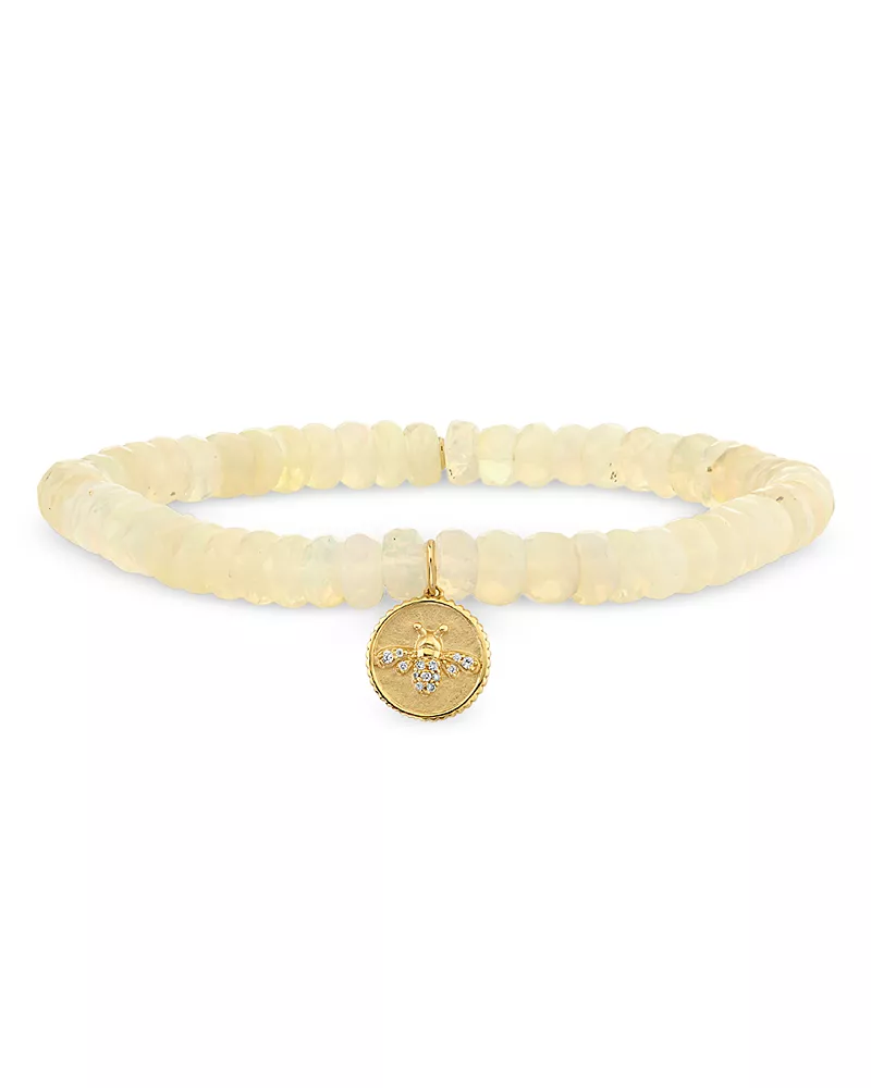 Sydney Evan 14K Yellow Gold Ethiopian Opal Rondelle & Diamond Bee Coin Charm Stretch Bracelet
