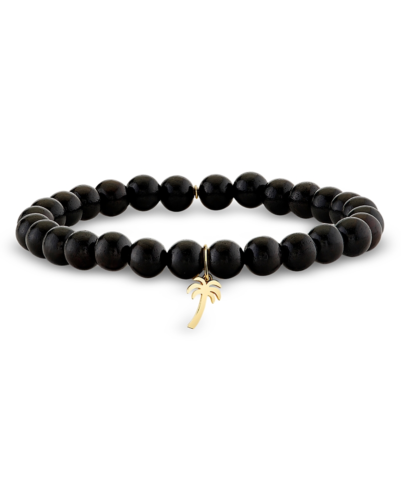 Sydney Evan 14K Yellow Gold Palm Tree Charm Ebony Beaded Bracelet