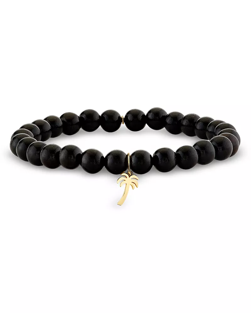 Sydney Evan 14K Yellow Gold Palm Tree Charm Ebony Beaded Bracelet