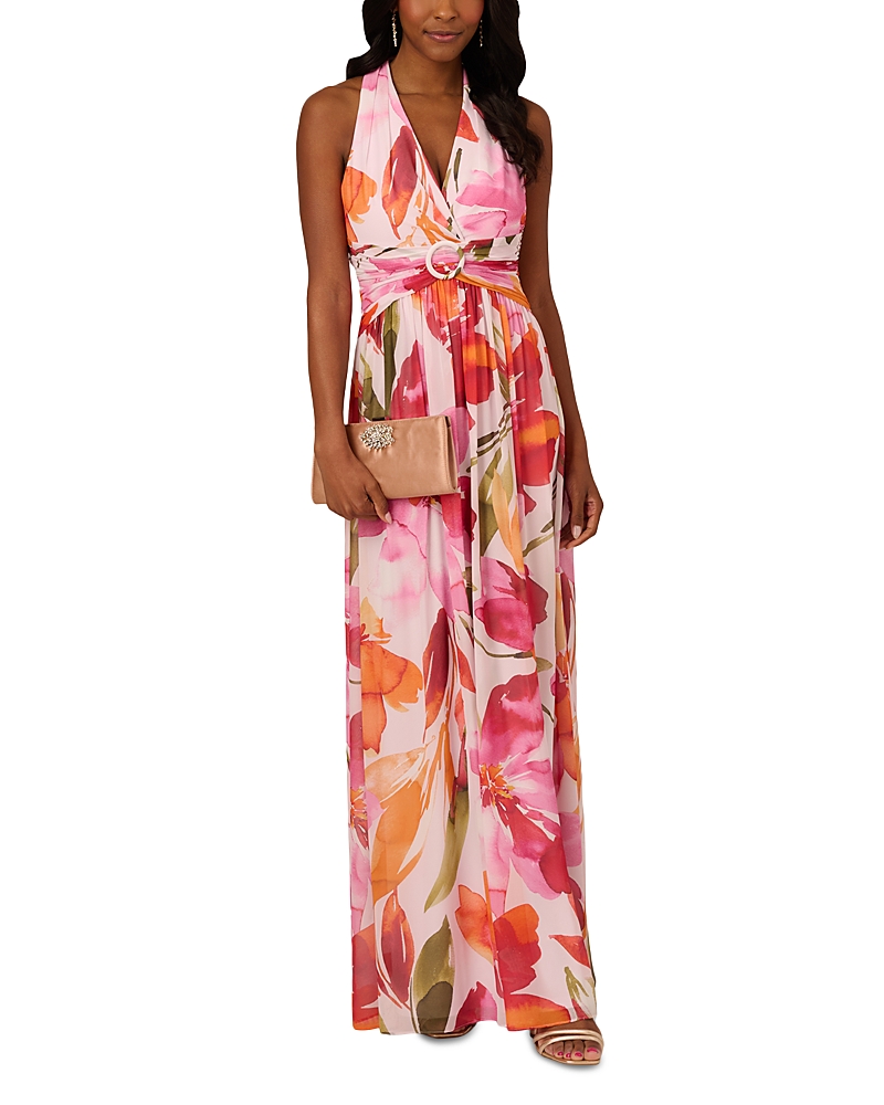 ADRIANNA PAPELL FLORAL PRINT CHIFFON GOWN