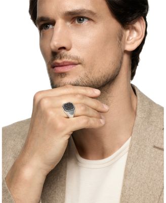 Men's Streamline Signet Ring in Sterling Silver with Black Diamonds, 18mm