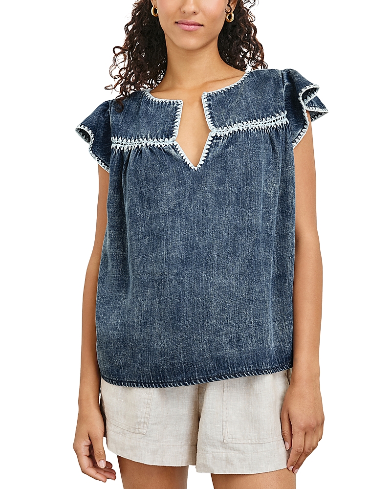 Rails Tafia Embroidered Flutter-sleeve Blouse In Classic Blue