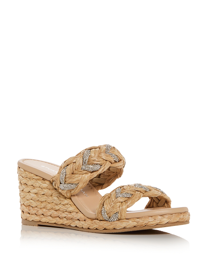 Stuart Weitzman Lana Raffia Crystal Wedge Slide Sandals