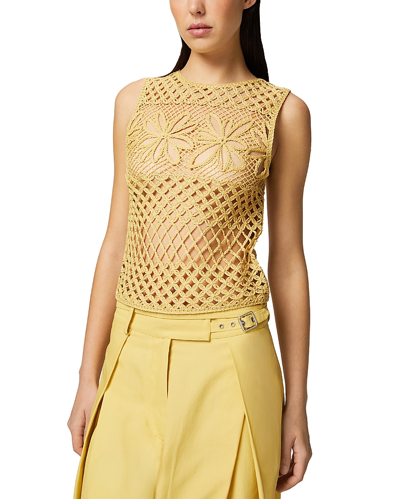 Pinko Fantasy Net Crochet Floral Top Keyhole In Rattan Yellow