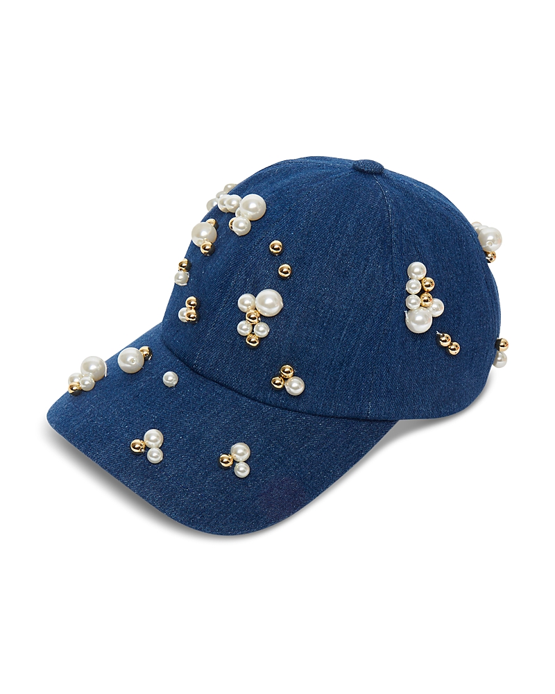 Lele Sadoughi Scattered Faux Pearl Denim Baseball Cap In French Denim