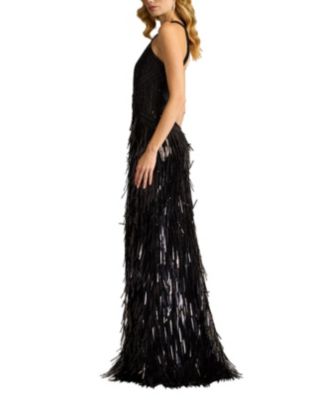 Ares Sequin Fringe Halter Gown
