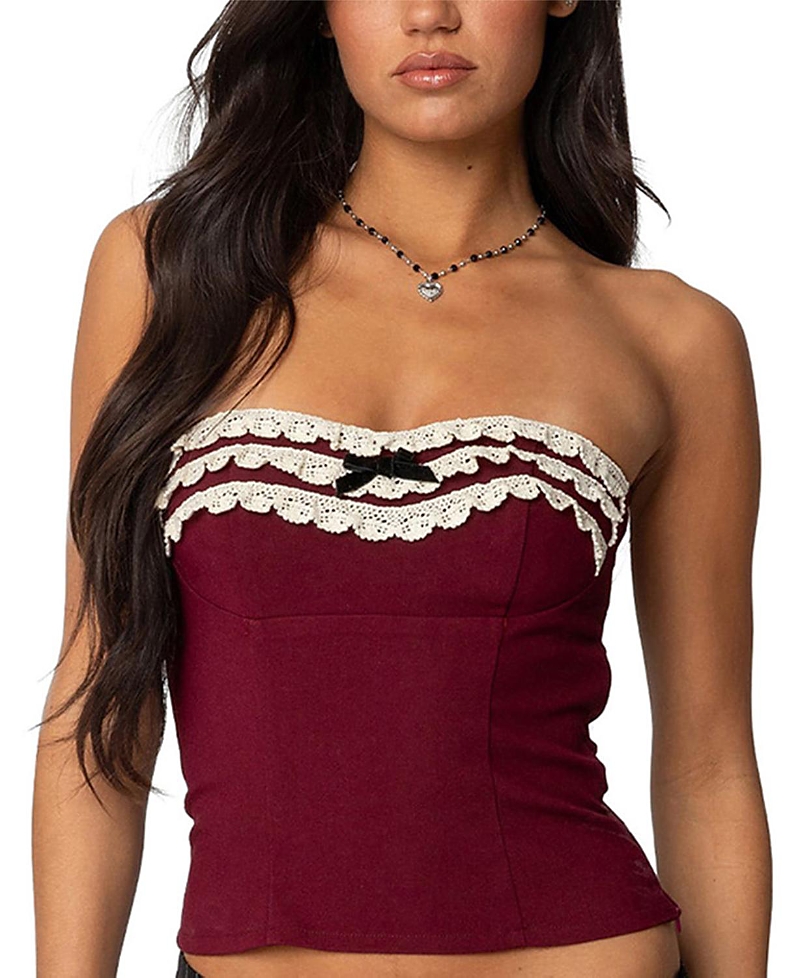 EDIKTED EYELET RUFFLE STRAPLESS TOP