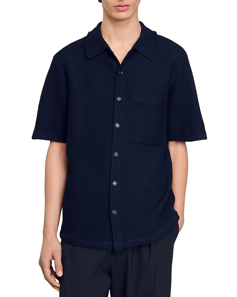 Sandro Waffled Oversized Fit Button Down Shirt In Midnight Blue
