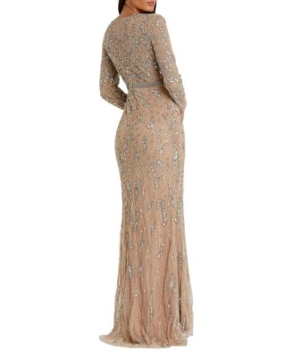  Beaded Long Sleeve Evening Gown