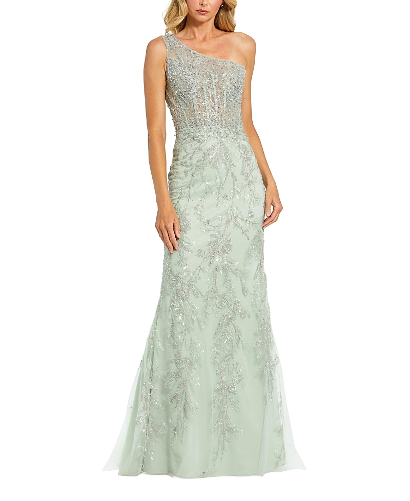 Mac Duggal One Shoulder Embellished Gown In Sage
