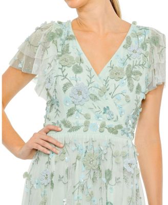 Ruffle Tiered Embellished Faux Wrap Flutter Sleeve