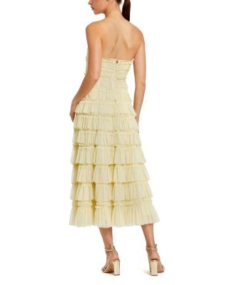 Solid Mesh Dot Micro Ruffle Strapless Midi Dress