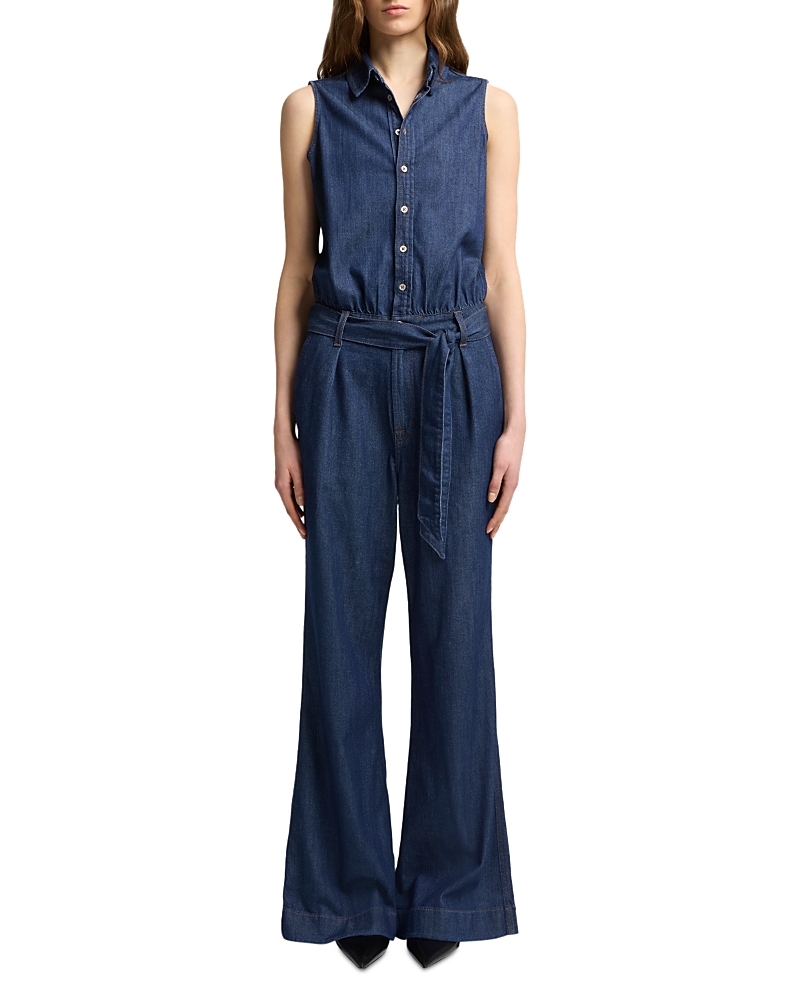7 For All Mankind Sleeveless Denim Belted Jumpsuit In Blue