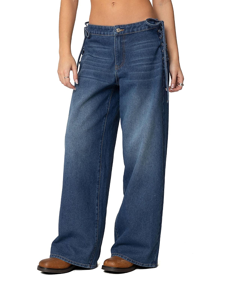 Edikted Katt Lace Up Baggy Dark Rinse Wash Jeans In Blue