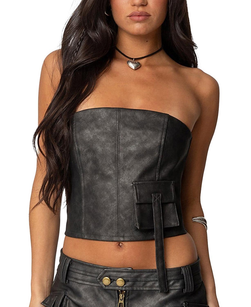Edikted Ryan Strapless Faux Leather Cargo Corset Top In Black