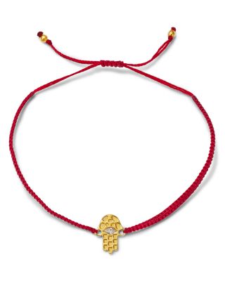 14K Yellow Gold Hilo Lab Grown Diamond Hamsa Hand Red String Slider Bracelet