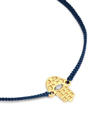 14K Yellow Gold Hilo Lab Grown Diamond Hamsa Hand Black String Slider Bracelet