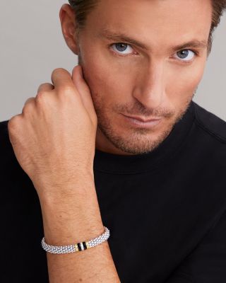 18K Yellow Gold & Sterling Silver Black Caviar Ceramic & Diamond Bead Link Bracelet