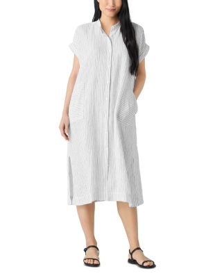 Eileen Fisher Puckered Linen Mandarin Collar Dress