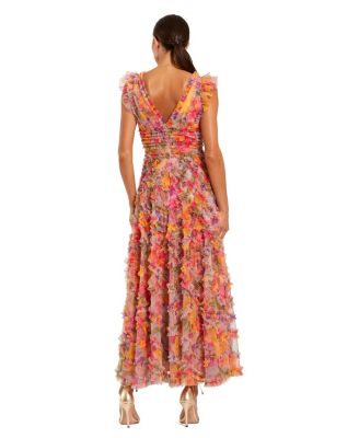 Floral Mesh Ruffle V Neck Ankle Dress