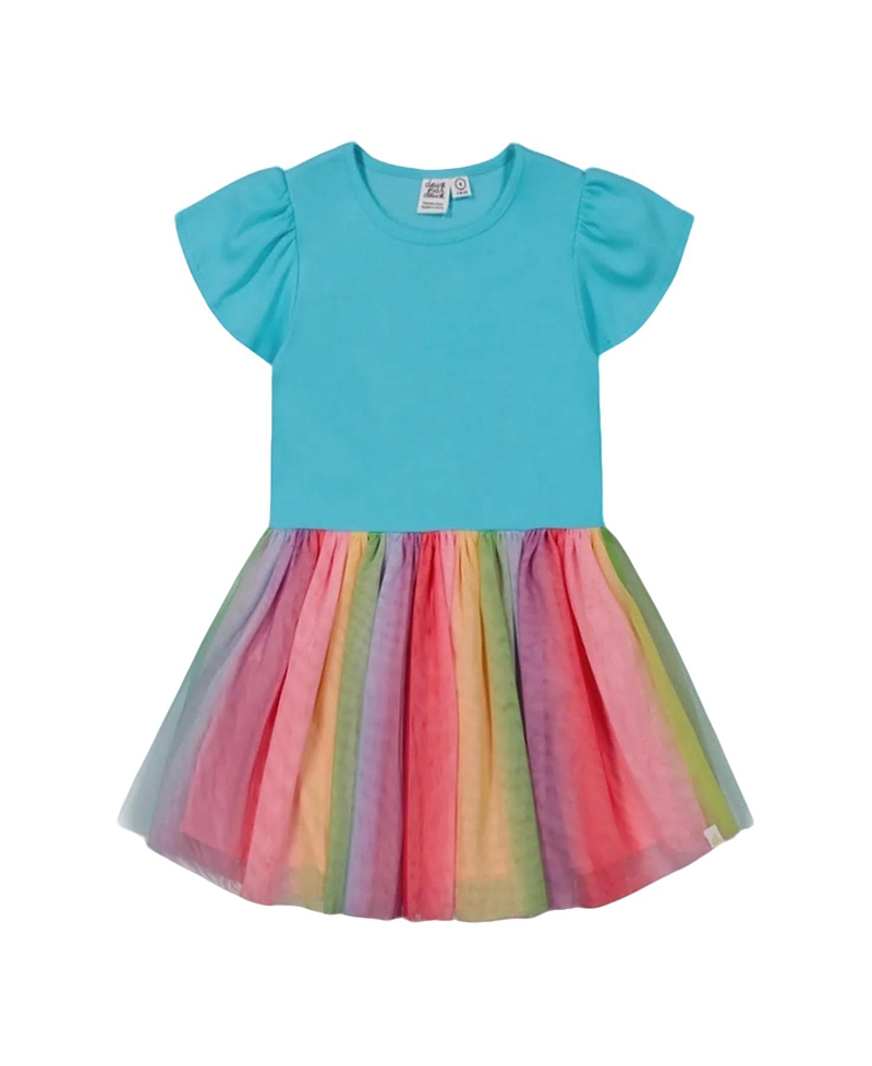 DEUX PAR DEUX DEUX PAR DEUX GIRLS' BI-MATERIAL DRESS WITH PRINTED MESH SKIRT - LITTLE KID