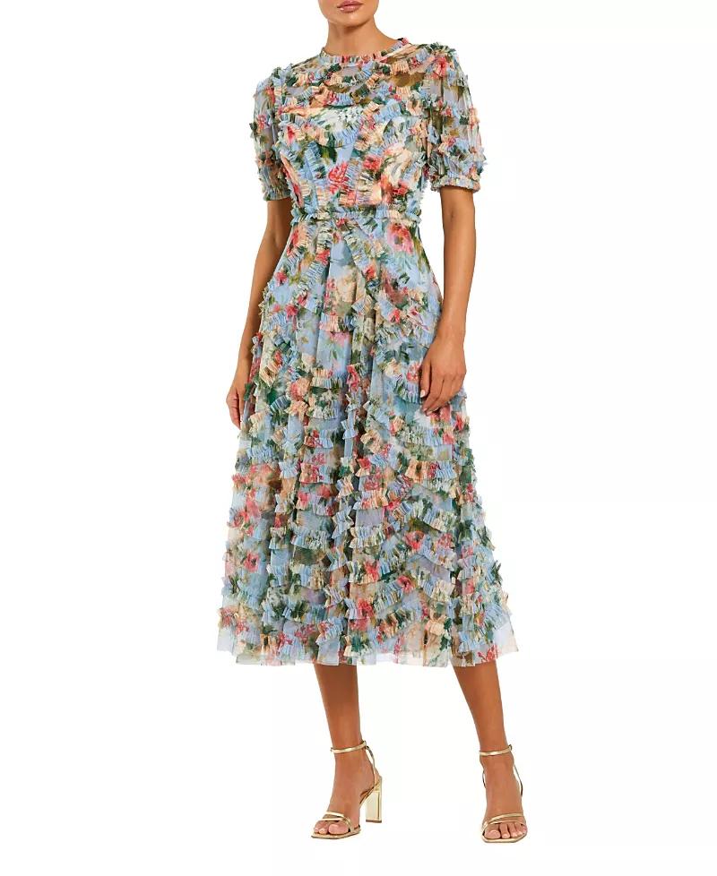 Mac Duggal Floral Printed Mesh Ruffle High Neck Midi Dress