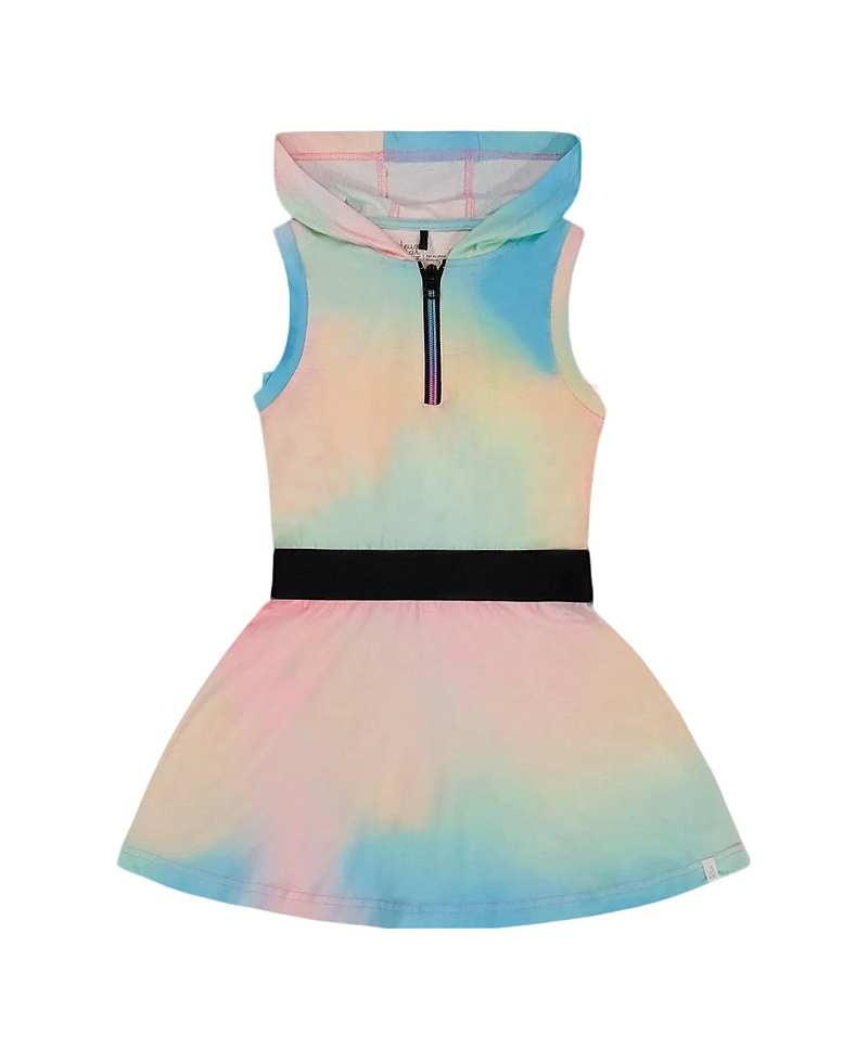 Deux Par Deux Little Girl's Hooded Dress With Elastic Waist Multicolored Tie Dye In Multicolored Tie Dye