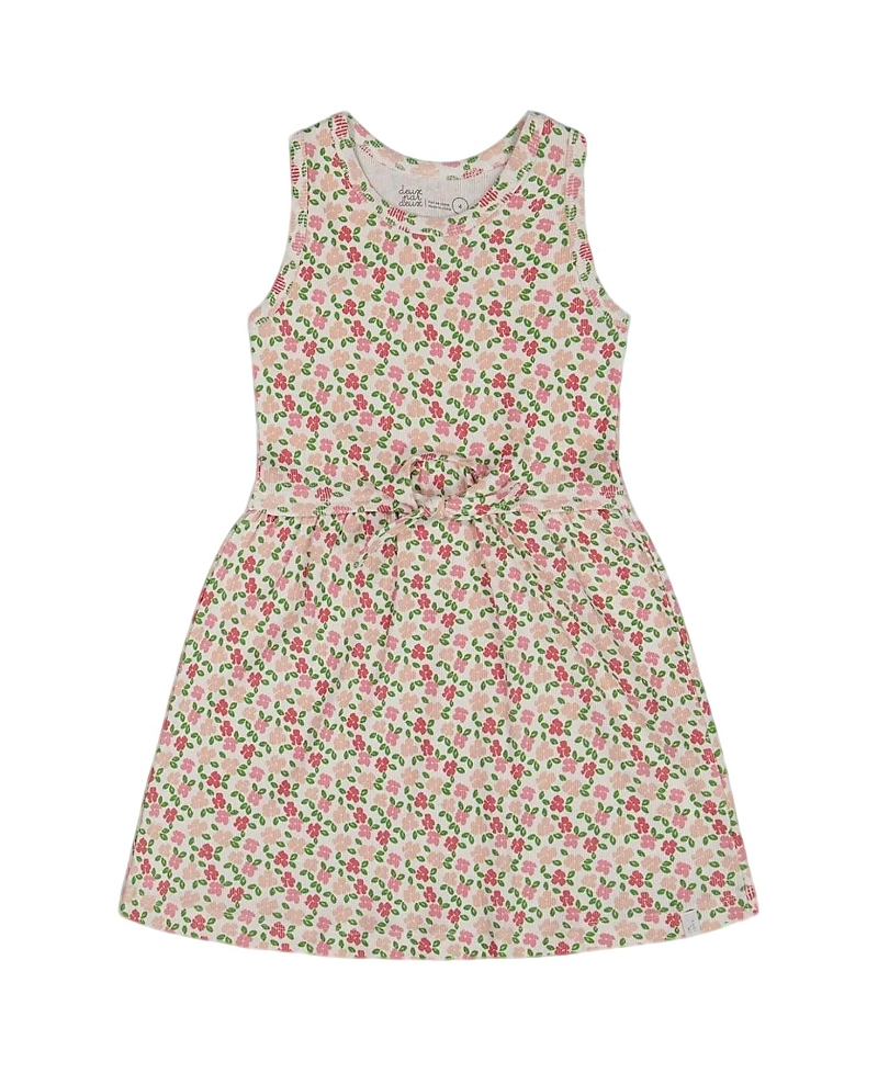 Deux Par Deux Girls' Printed Ribbed Dress With Waist Tie Small Flowers- Little Kid In Small Flowers On White Background