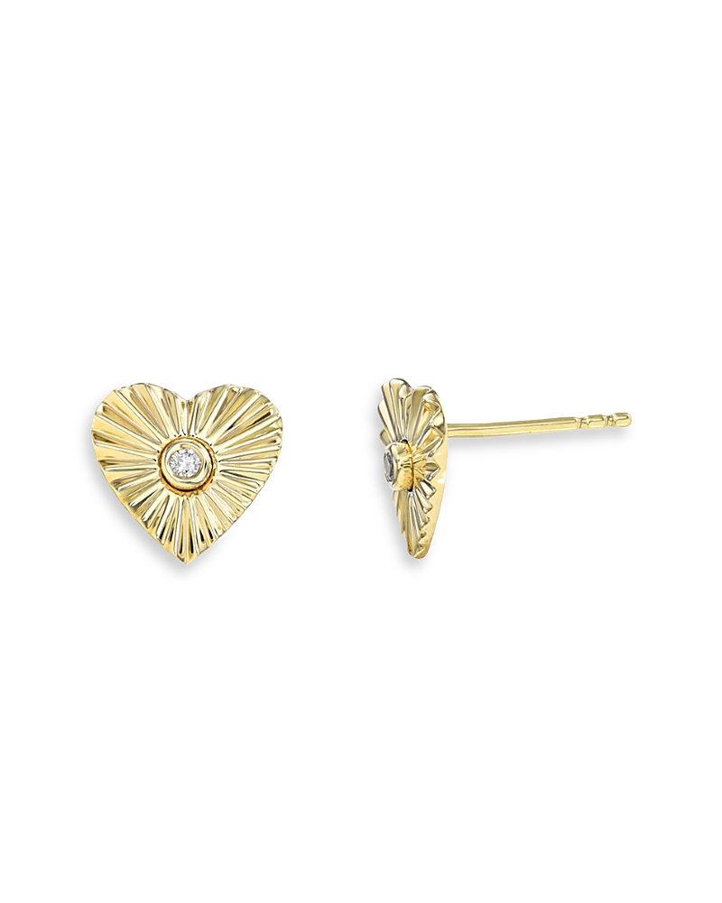 Zoe Lev 14k Yellow Gold Diamond Pleated Heart Stud Earrings In Gold
