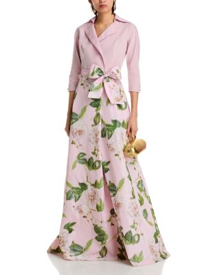 Taffeta Floral Print Shirt Dress Gown