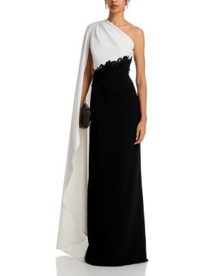 Crepe One Shoulder Drape Sleeve 3D Trim Gown