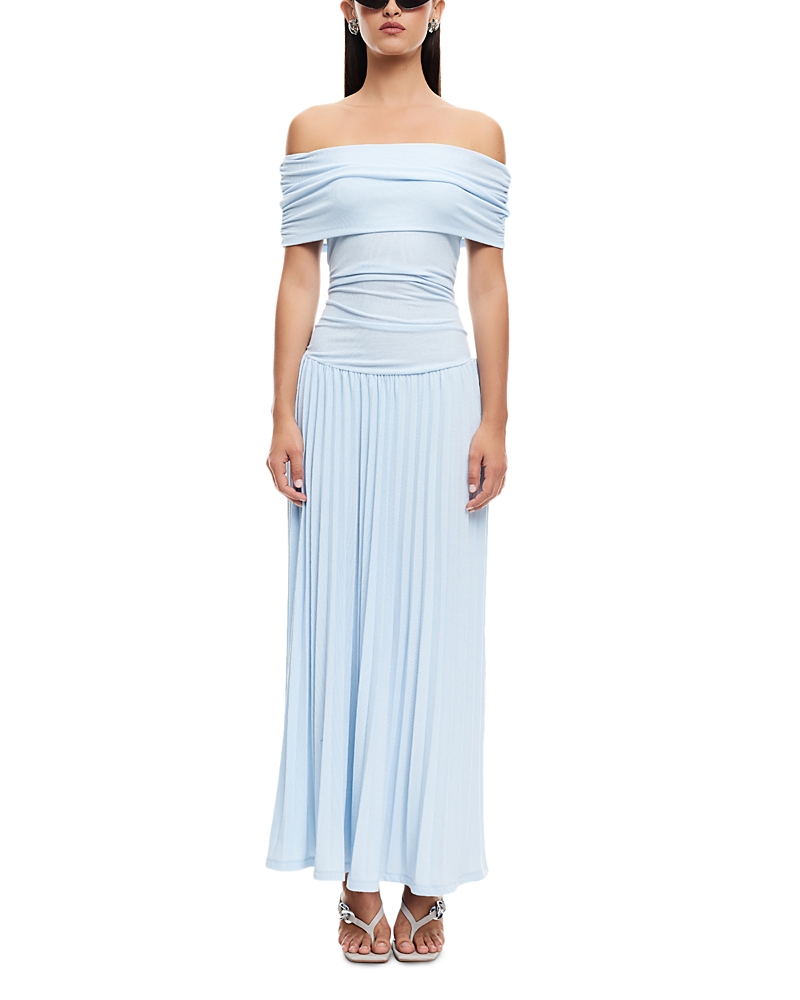 Lioness Field Of Dreams Fine Knit Foldover Bardot Ruched Drop Waist Pleated Maxi Dress