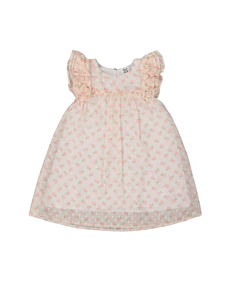 Deux Par Deux Girl's Printed Dress With Frills Pale Pink And Flowers