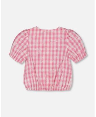 Girls' Puff Sleeve Top Pink and White Checks - Big Kid