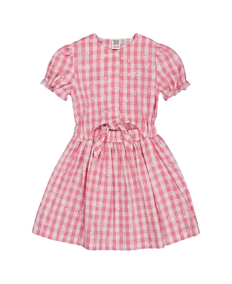 Deux Par Deux Girl's Puff Sleeve Dress With Waist Tie Pink And White Checks In Pink And White Checks