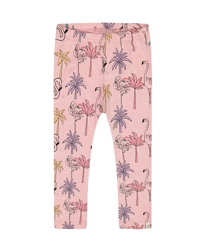 Deux Par Deux Girl's Printed Organic Cotton Capri Legging Palm Trees, Pink Flamingo, And Turquoise In Palm Trees/pink And Turquoise
