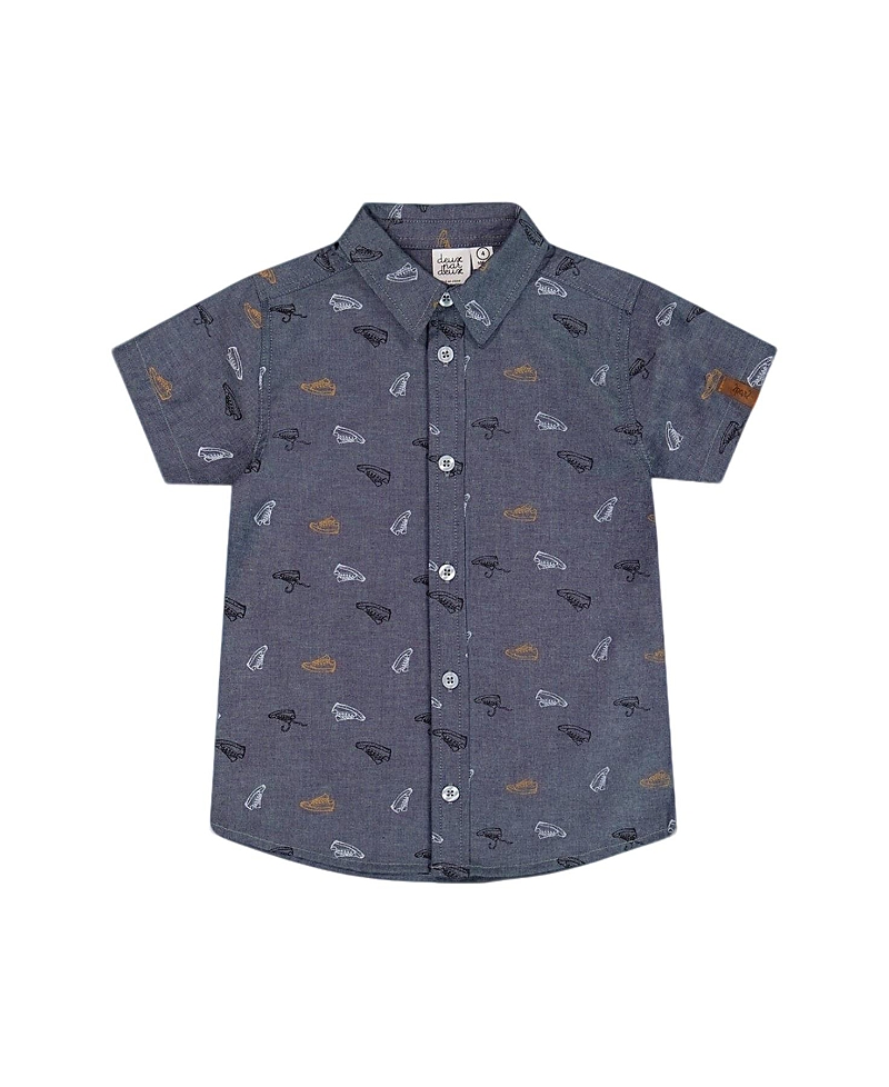 Deux Par Deux Boy's Printed Chambray Short Sleeve Shirt Gray, White And Tan In Gray/white And Tan
