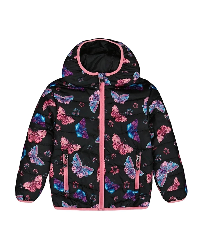 Deux Par Deux Girl's Printed Quilted Mid-season Jacket Multicolored Butterflies On Black Background