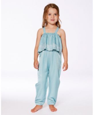 Girls' Chambray Jumpsuit with Embroidery - Little Kid