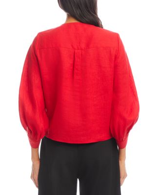 Blouson Sleeve Linen Tie Front Top