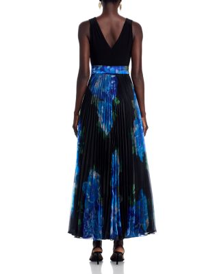 Mixed Media V Neck Sleeveless Pleated Gown