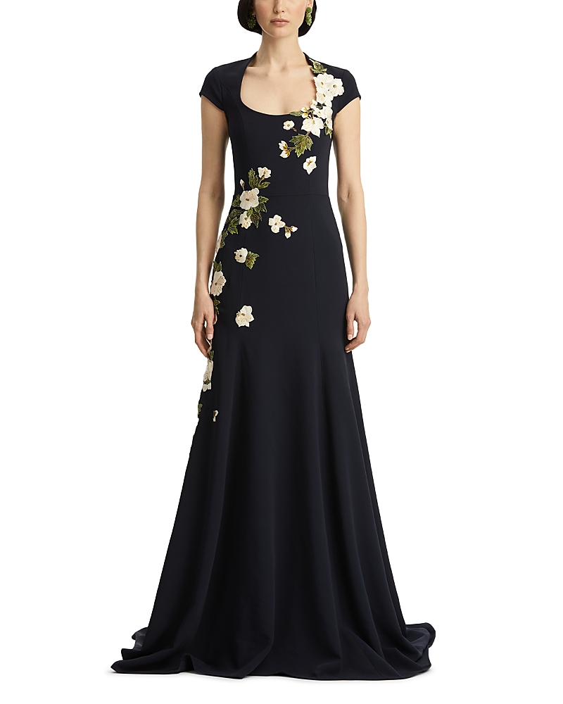 Oscar De La Renta Short Sleeve Embroidered Cherry Blossom Gown