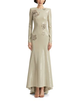 Oscar de la Renta - Long Sleeve Embroidered Cherry Blossom Sequin Jersey Gown