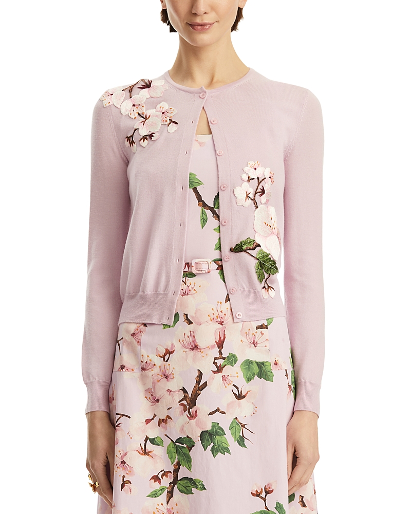 Shop Oscar De La Renta Wool Floral Applique Cardigan