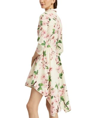 Long Sleeve Asymmetrical Hem Cherry Blossom Poplin Dress