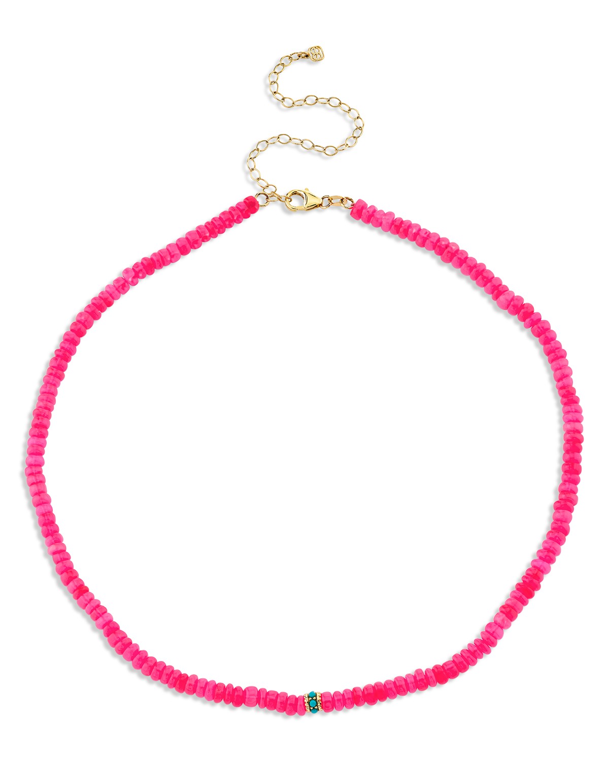 14K Yellow Gold Turquoise Bead Charm Hot Pink Ethiopian Opal Beaded Collar Necklace, 16.25"-17.5"